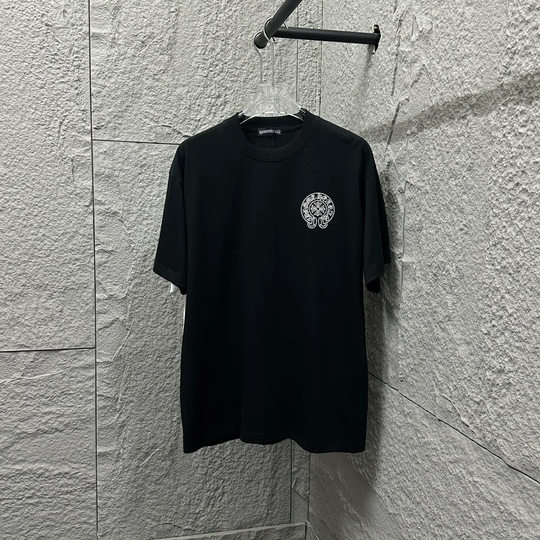 🅿️180 CH*Cro Heart*2025 spring and summer new style Classic horseshoe embroidery Customized double yarn plain cotton fabric Short-sleeved T-shirt Unisex Color: Black White Size: S (90-130 catties) M (120-150 catties) L (140-165 catties) XL (160-180 catties) XXL (180-210 catties)